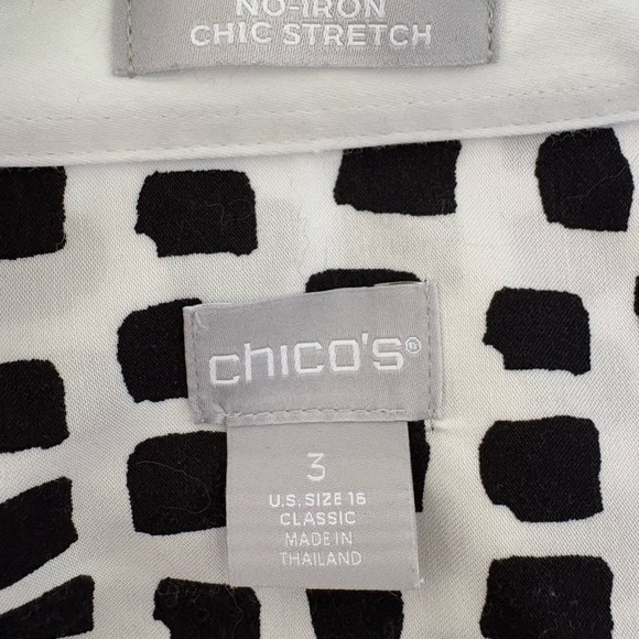 Chico's Classic Black & White No-Iron Chic Stretch Geometric Print Shirt Sz 3 - Picture 2 of 10